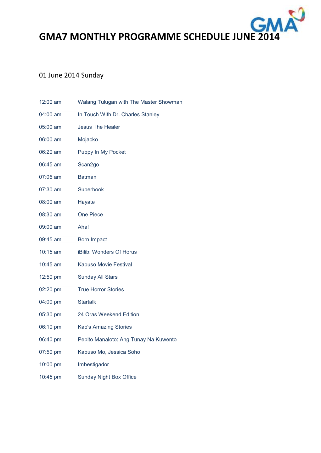 Gma7 Monthly Programme Schedule June 2014