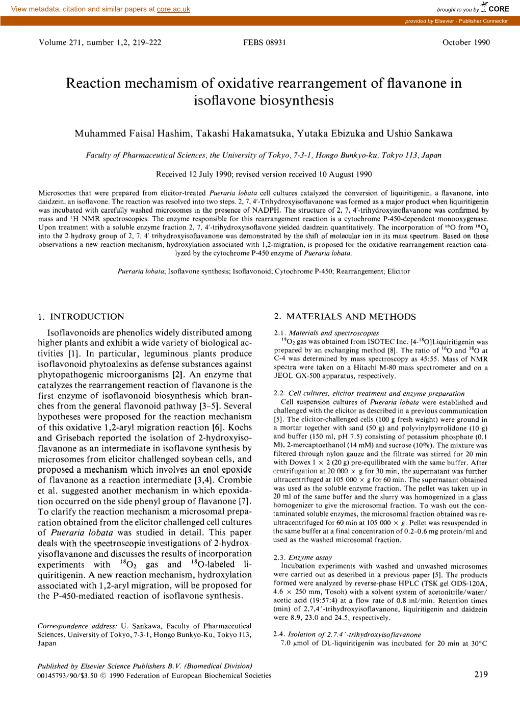 Reaction Mechamism of Oxidative Rearrangement of Flavanone in Isoflavone Biosynthesis