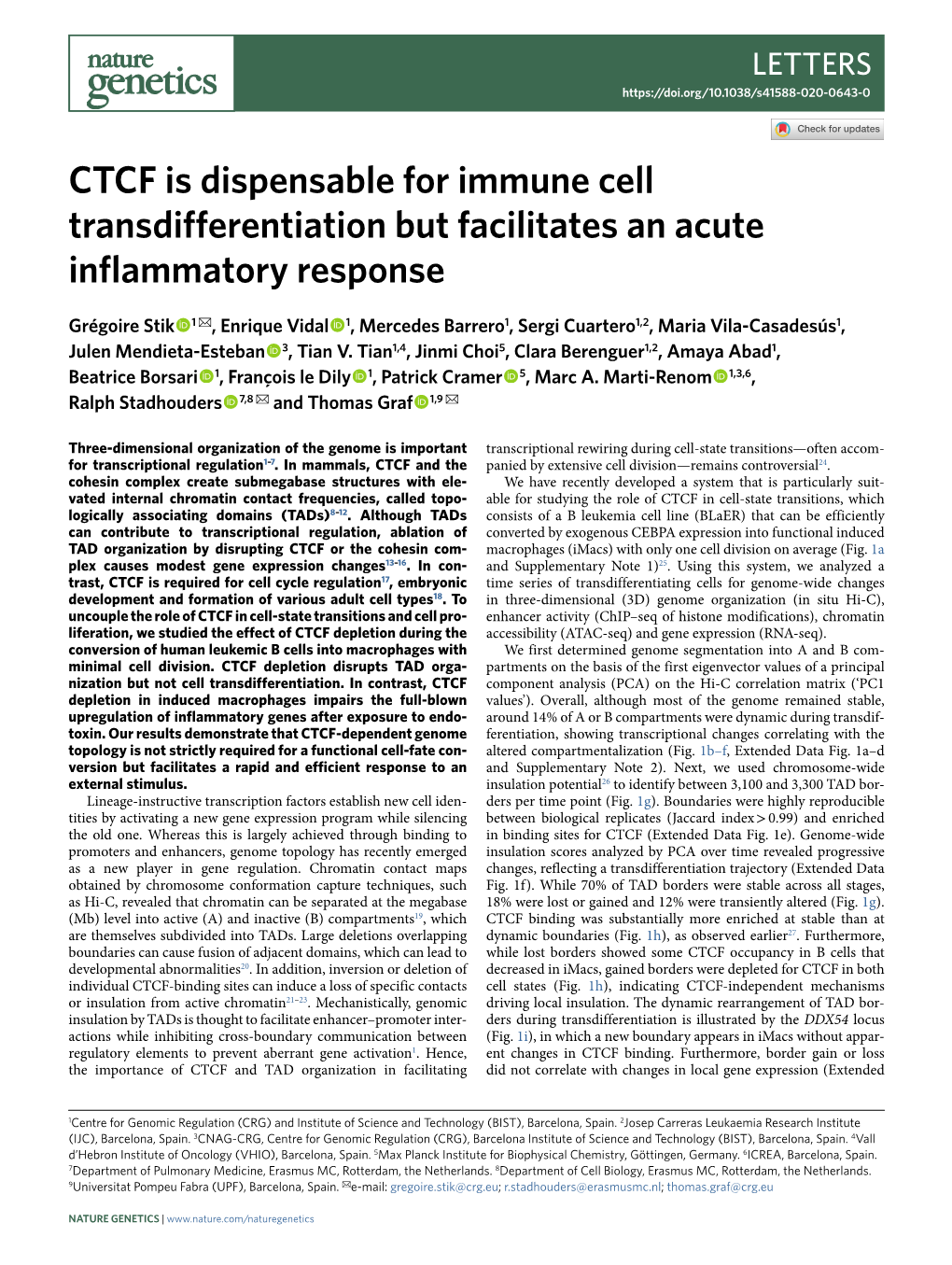 CTCF Is Dispensable for Immune Cell Transdifferentiation but Facilitates an Acute Inflammatory Response