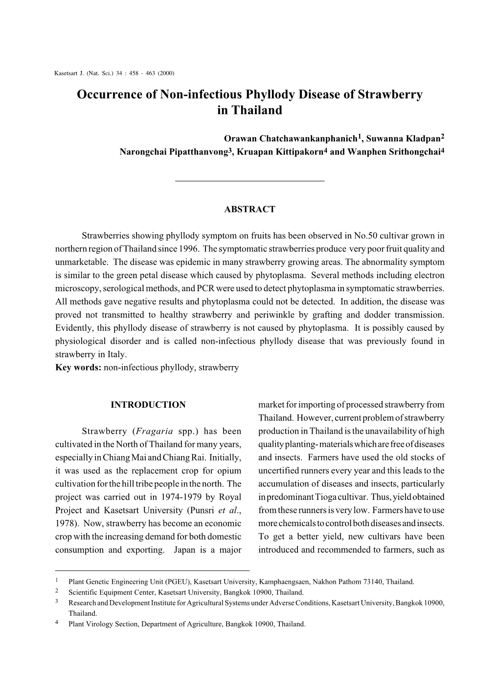Occurrence of Non-Infectious Phyllody Disease of Strawberry in Thailand