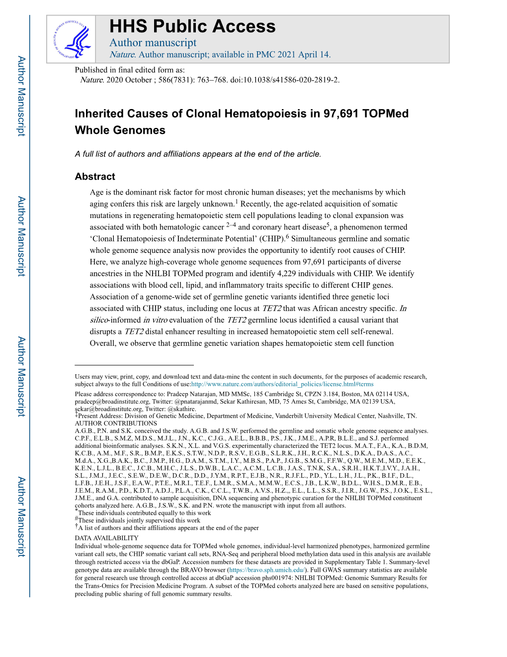 Inherited Causes of Clonal Hematopoiesis in 97,691 Topmed Whole Genomes