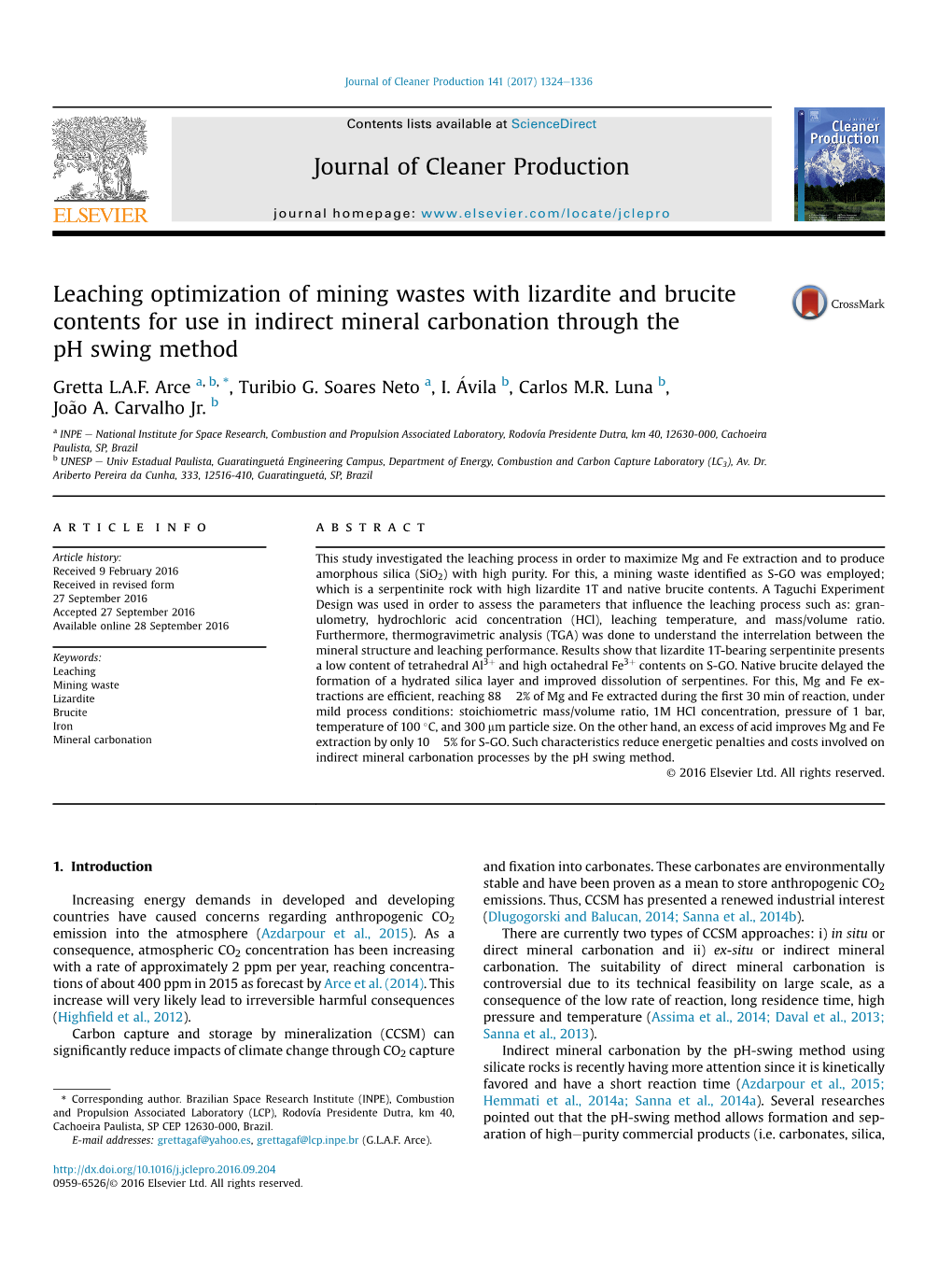 Leaching Optimization of Mining Wastes with Lizardite and Brucite Contents for Use in Indirect Mineral Carbonation Through the Ph Swing Method * � Gretta L.A.F