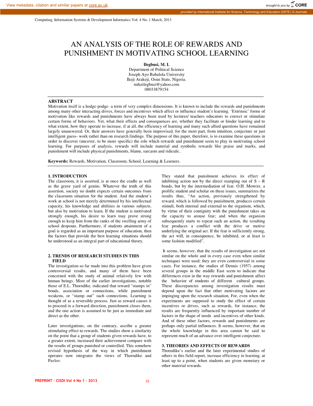 An Analysis of the Role of Rewards and Punishment in Motivating School Learning