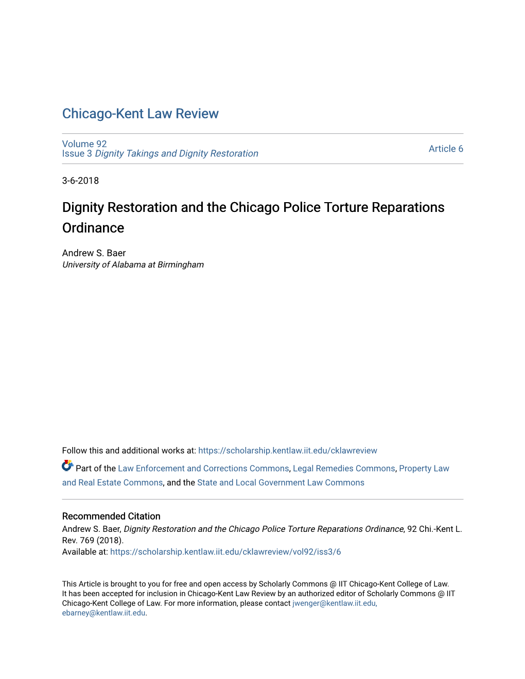 Dignity Restoration and the Chicago Police Torture Reparations Ordinance