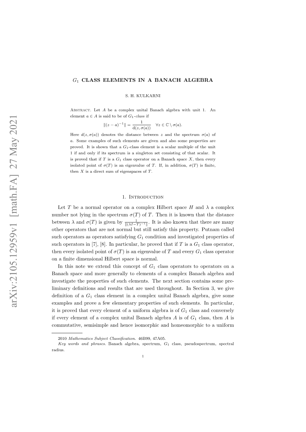 $ G 1 $ Class Elements in a Banach Algebra