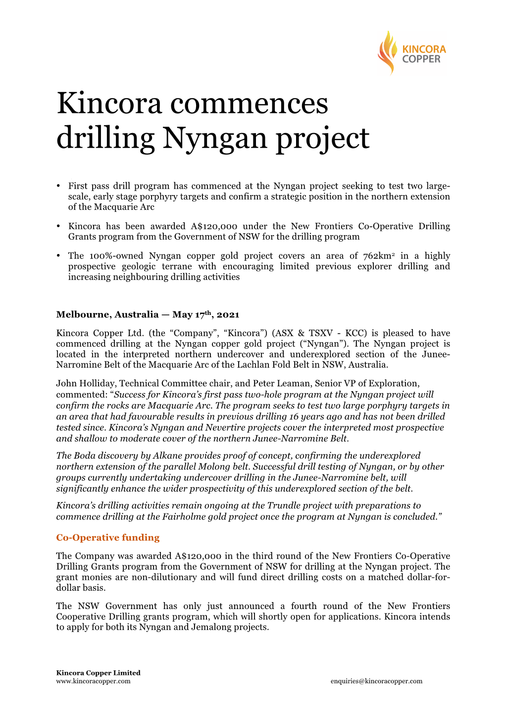 Kincora Copper Commences Drilling Nyngan Project
