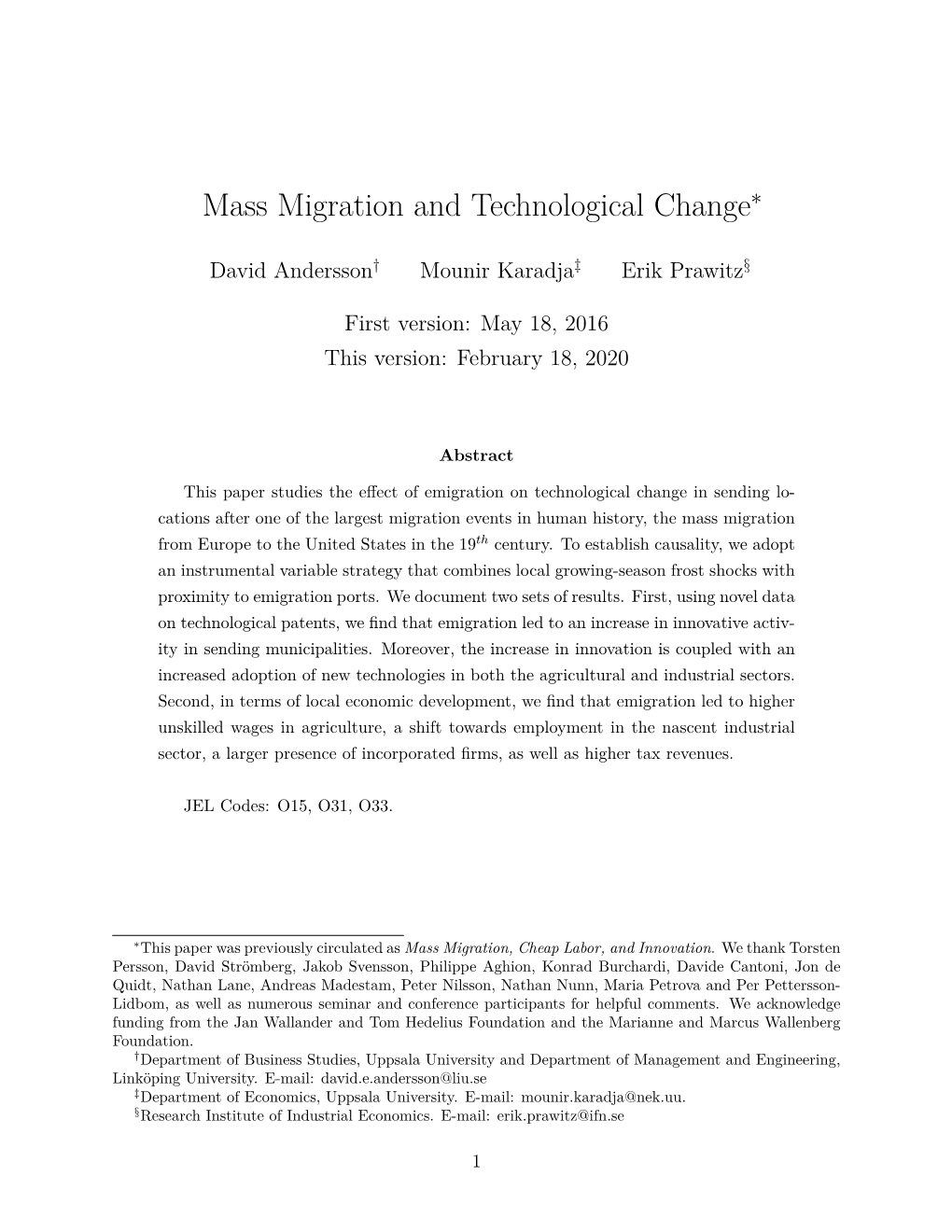 Mass Migration and Technological Change∗