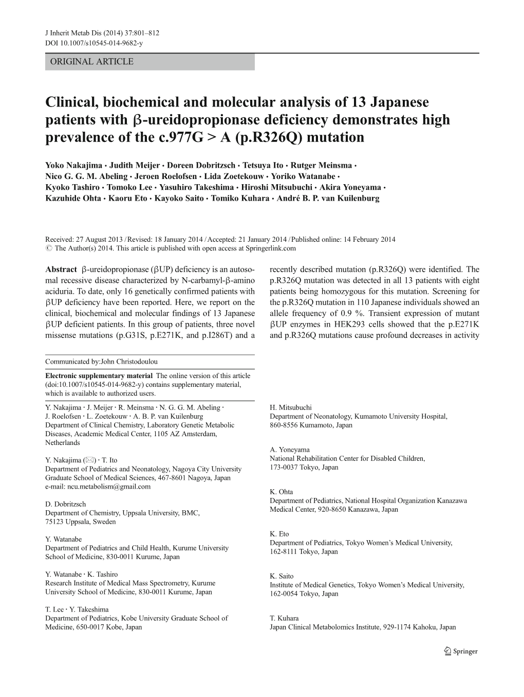 Clinical, Biochemical and Molecular Analysis of 13 Japanese Patients