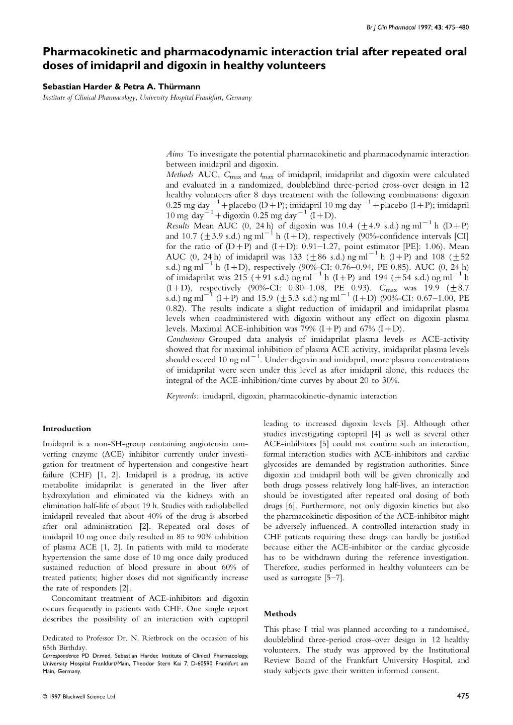 Pharmacokinetic and Pharmacodynamic Interaction Trial After Repeated Oral Doses of Imidapril and Digoxin in Healthy Volunteers