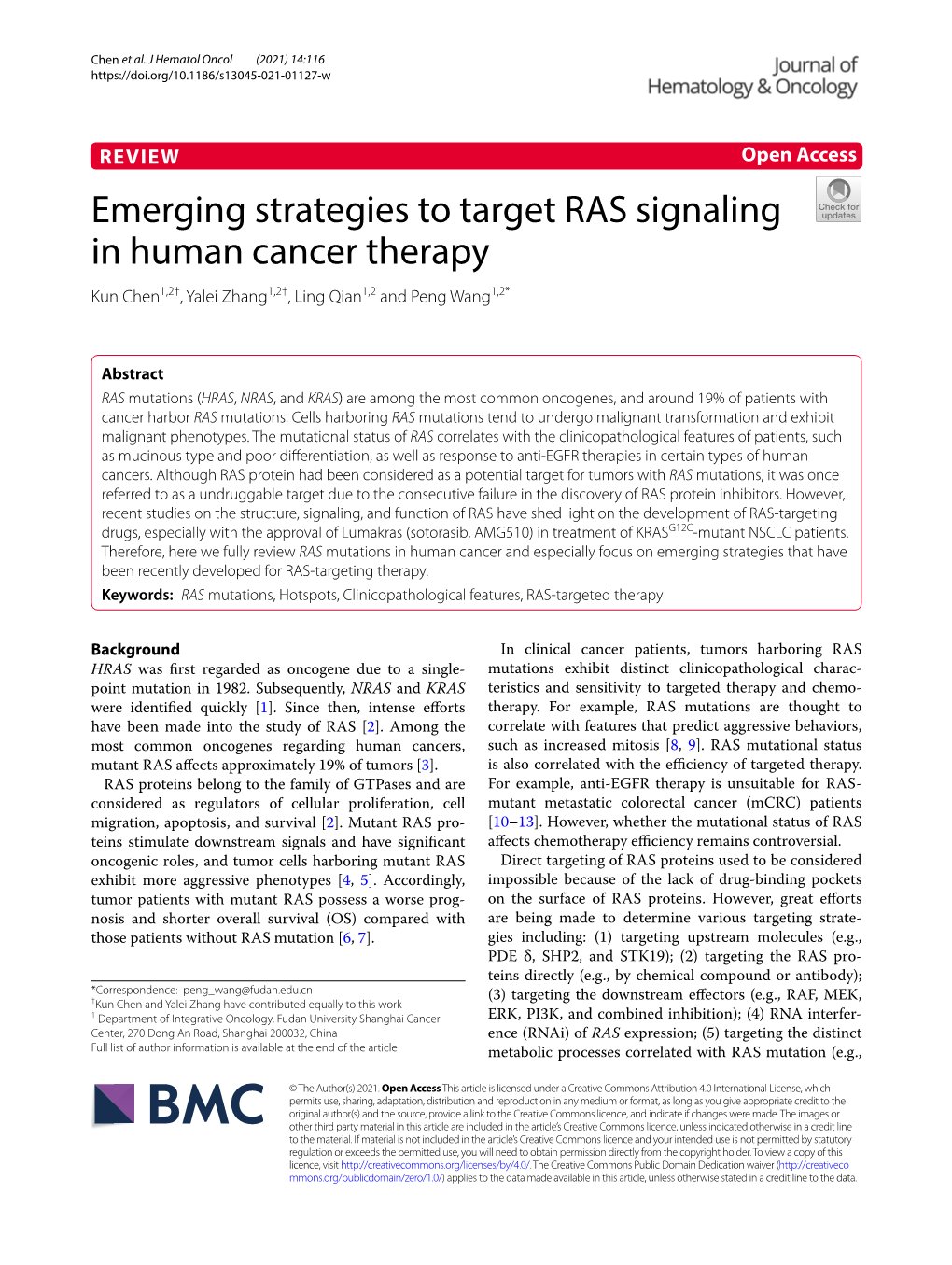 Emerging Strategies to Target RAS Signaling in Human Cancer Therapy Kun Chen1,2†, Yalei Zhang1,2†, Ling Qian1,2 and Peng Wang1,2*