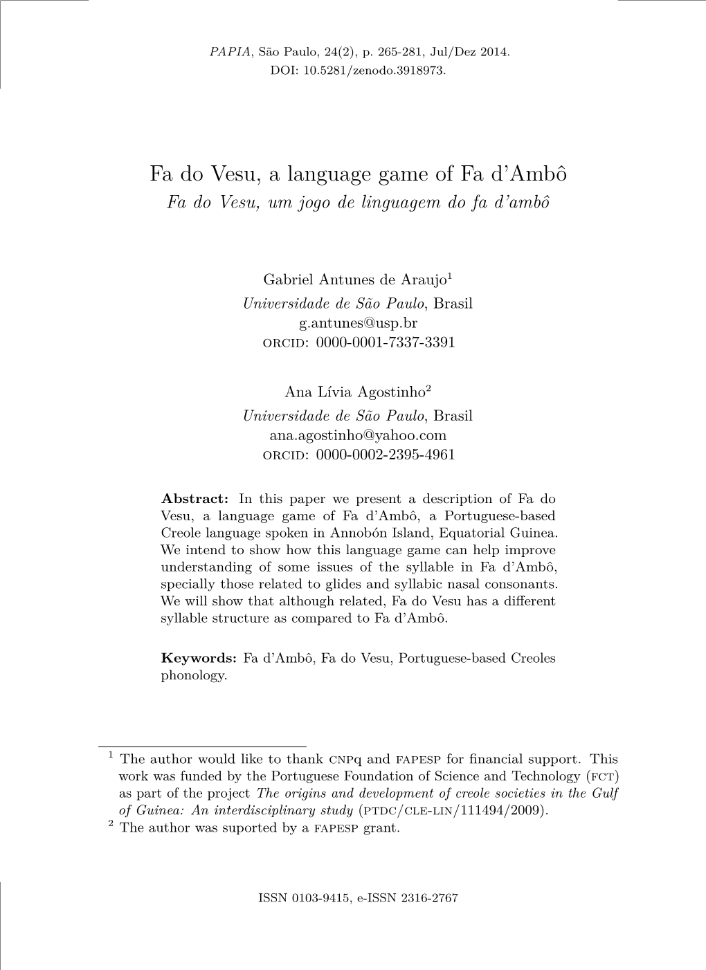 Fa Do Vesu, a Language Game of Fa D'ambô
