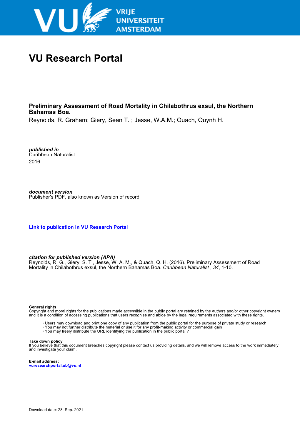 Preliminary Assessment of Road Mortality in Chilabothus Exsul, The