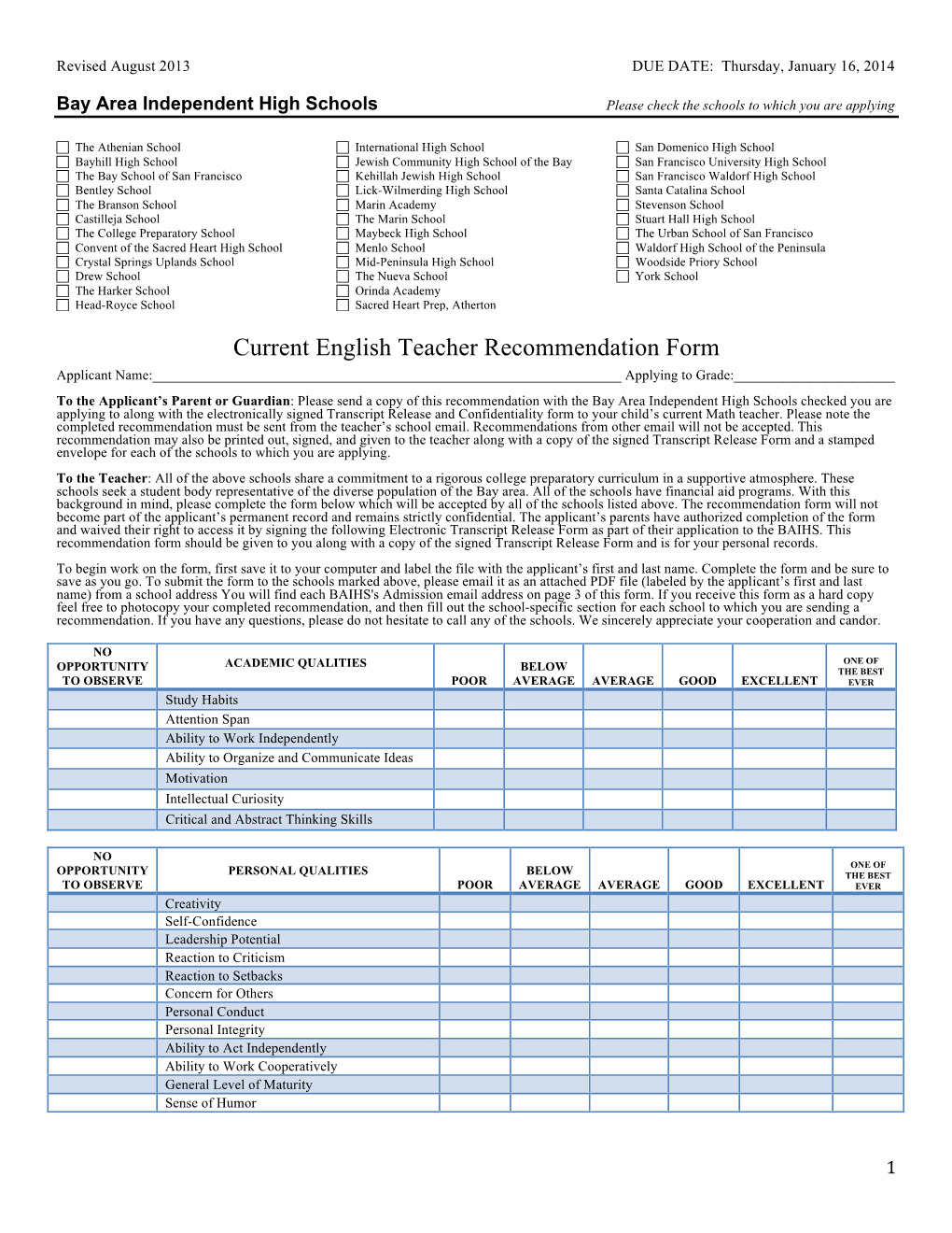 Current English Teacher Recommendation Form