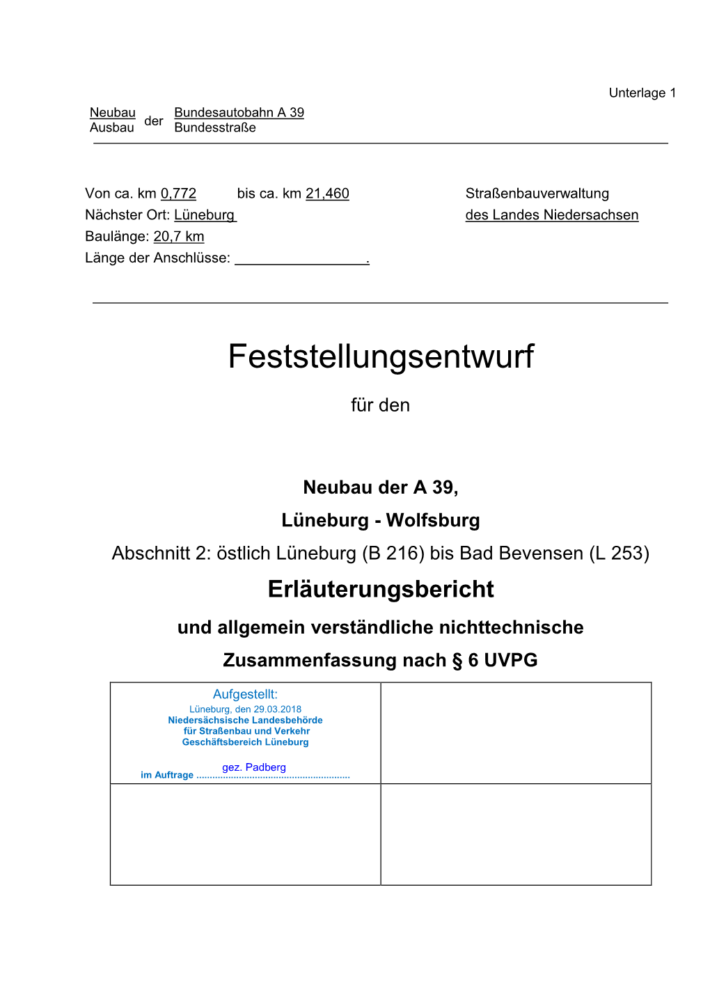 Unterlage 1 Neubau Bundesautobahn a 39 Der Ausbau Bundesstraße