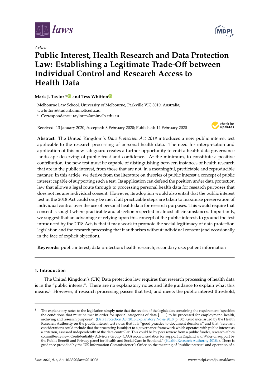 Public Interest, Health Research and Data Protection Law: Establishing a Legitimate Trade-Oﬀ Between Individual Control and Research Access to Health Data