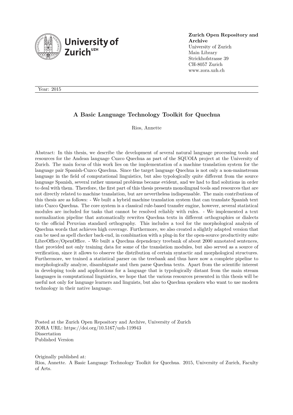 A Basic Language Technology Toolkit for Quechua