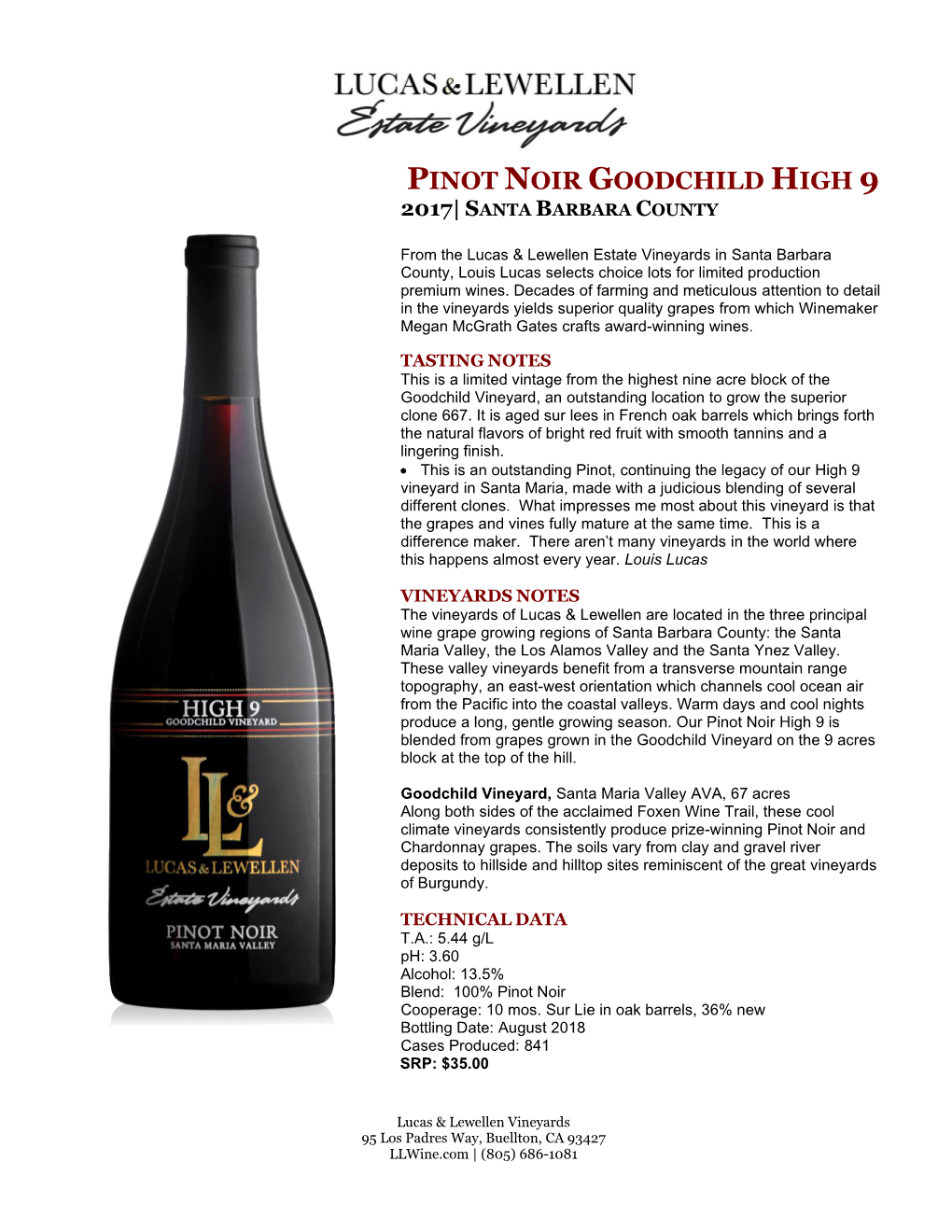 Pinot Noir Goodchild High 9 2017| Santa Barbara County