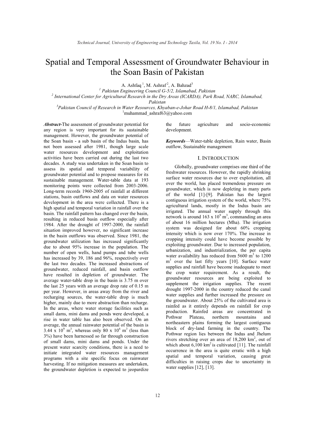 Spatial & Temporal Assessment of Groundwater Behavior in Soan Basin