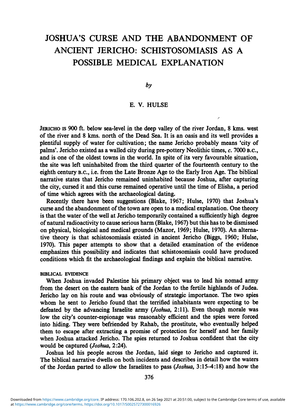 Joshua's Curse and the Abandonment of Ancient Jericho: Schistosomiasis As a Possible Medical Explanation