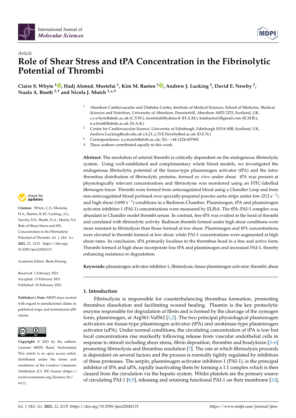 Role of Shear Stress and Tpa Concentration in the Fibrinolytic Potential of Thrombi