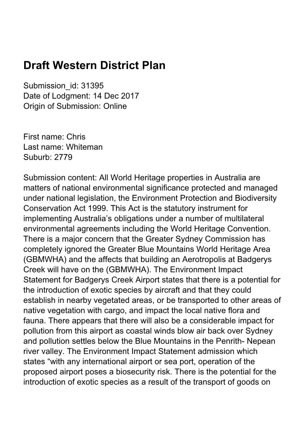 Draft Western District Plan