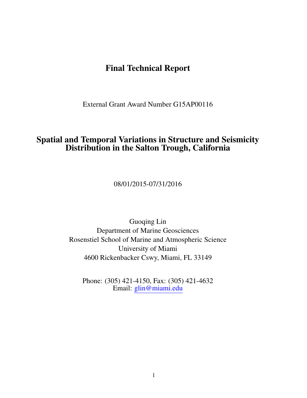 Final Technical Report Spatial and Temporal Variations in Structure