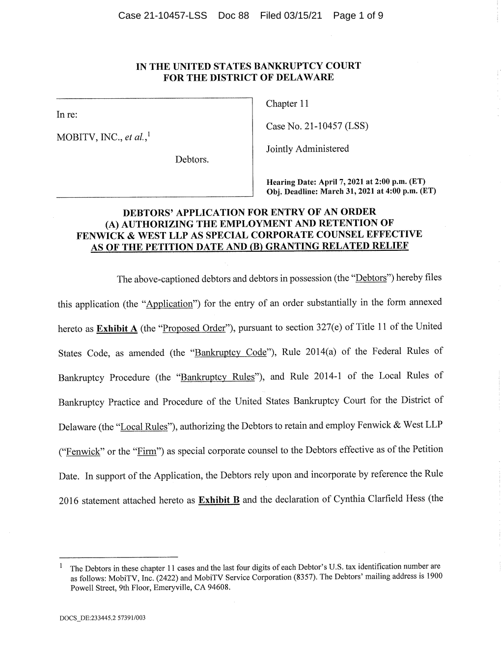 Case 21-10457-LSS Doc 88 Filed 03/15/21 Page 1 of 9