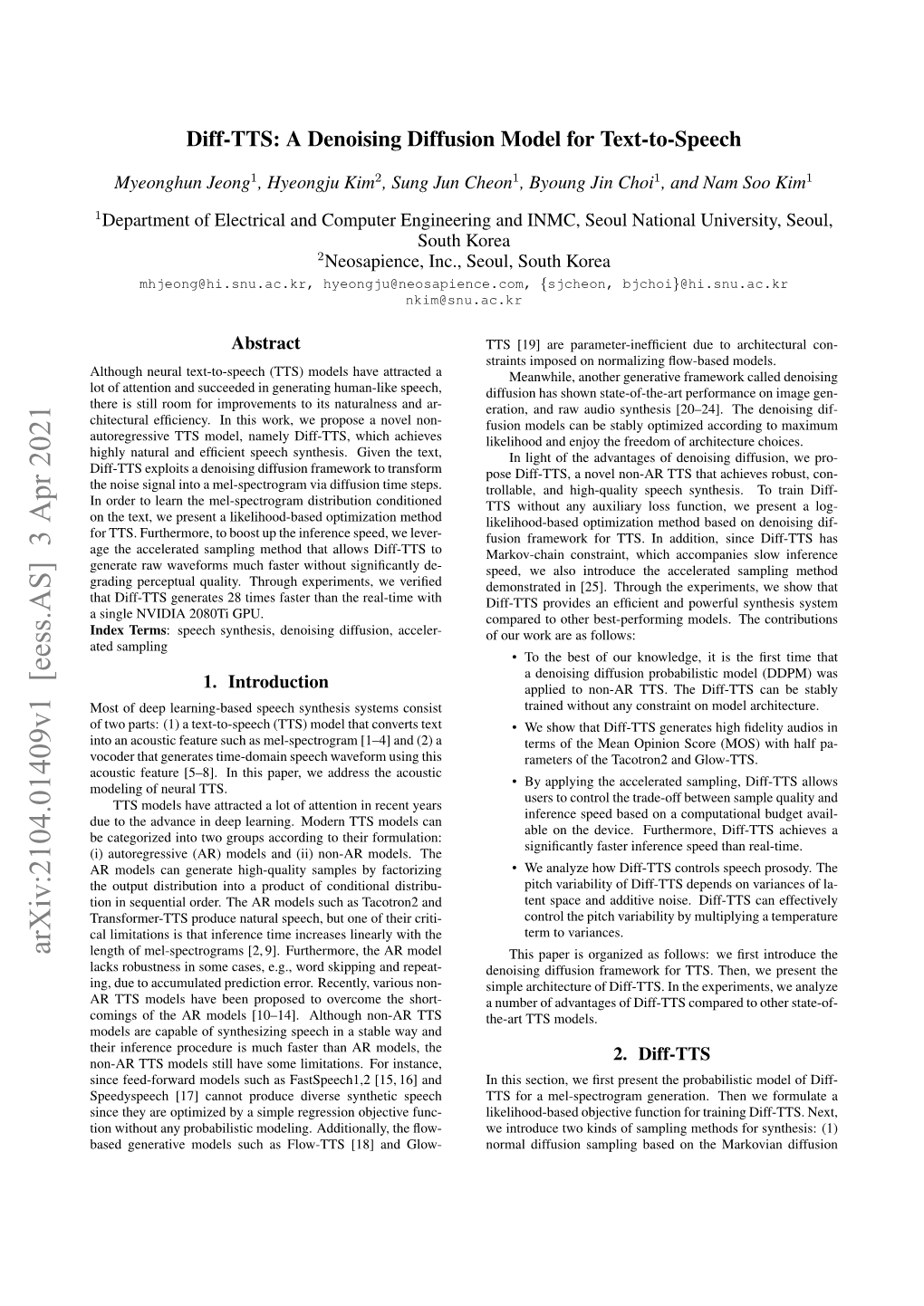 Diff-TTS: a Denoising Diffusion Model for Text-To-Speech