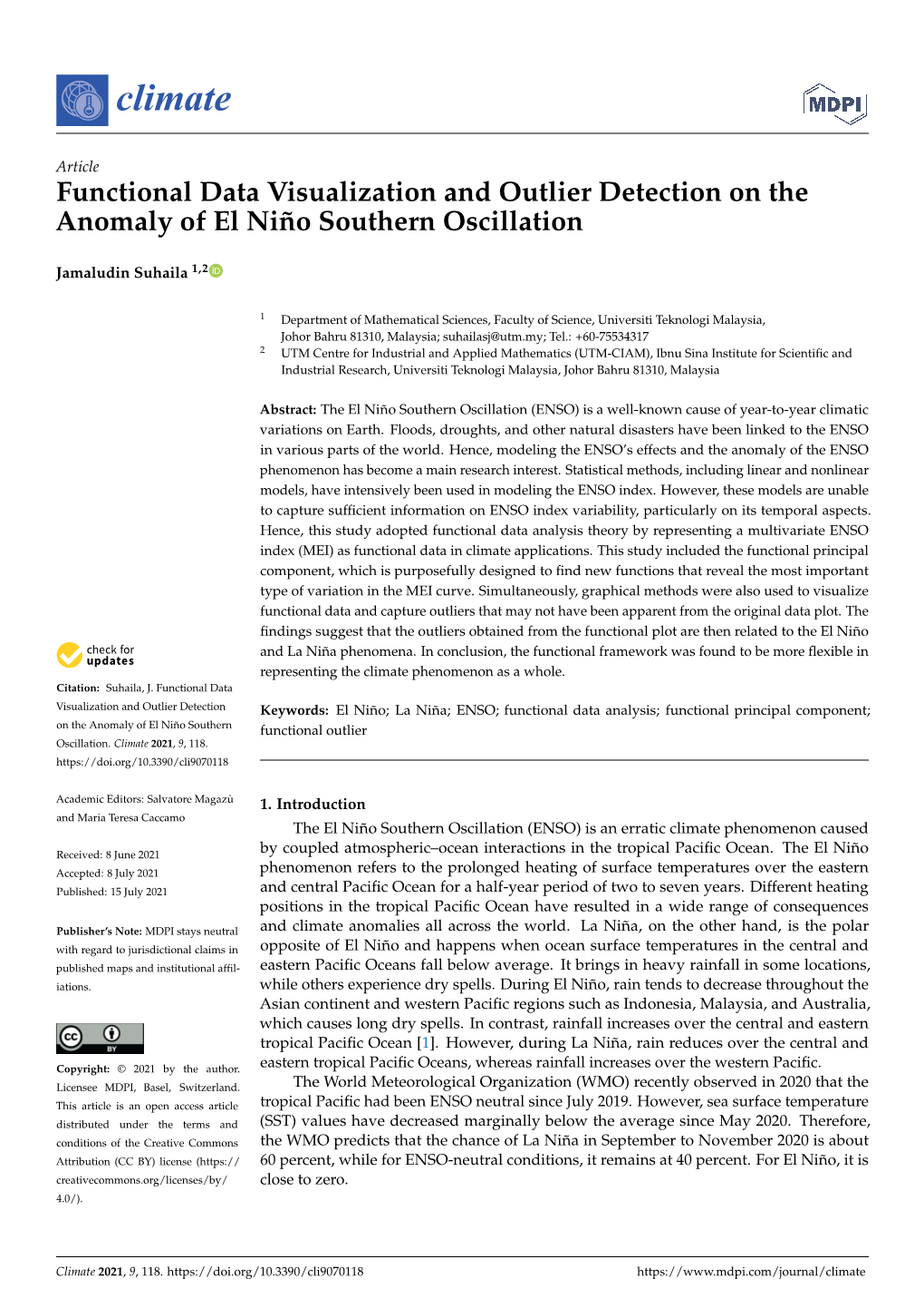 Functional Data Visualization and Outlier Detection on the Anomaly of El Niño Southern Oscillation