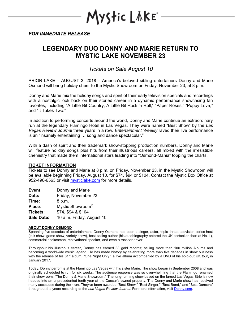 Legendary Duo Donny and Marie Return to Mystic Lake November 23