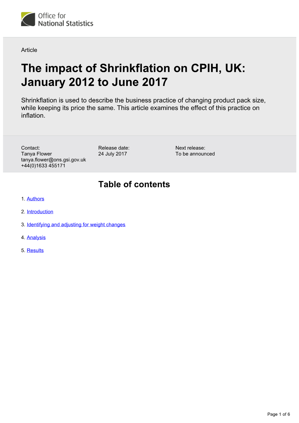 The Impact of Shrinkflation on CPIH, UK: January 2012 to June 2017