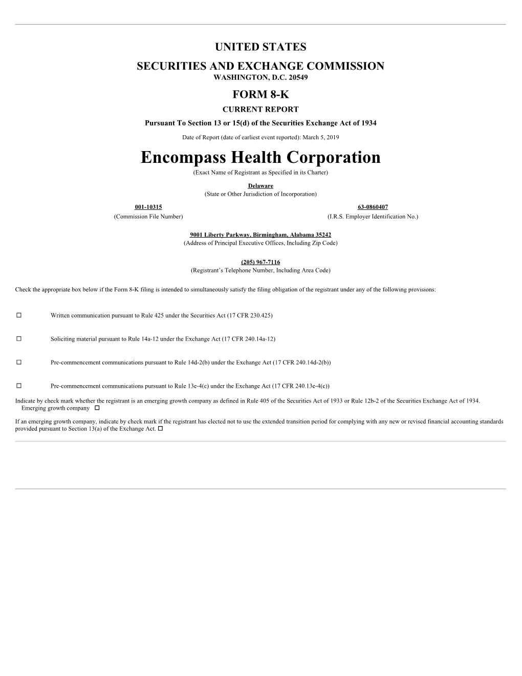 Encompass Health Corporation (Exact Name of Registrant As Specified in Its Charter)