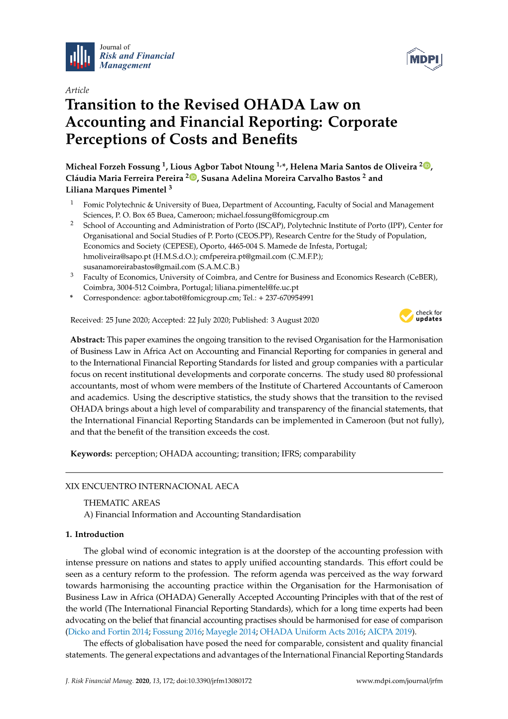 Transition to the Revised OHADA Law on Accounting and Financial Reporting: Corporate Perceptions of Costs and Beneﬁts
