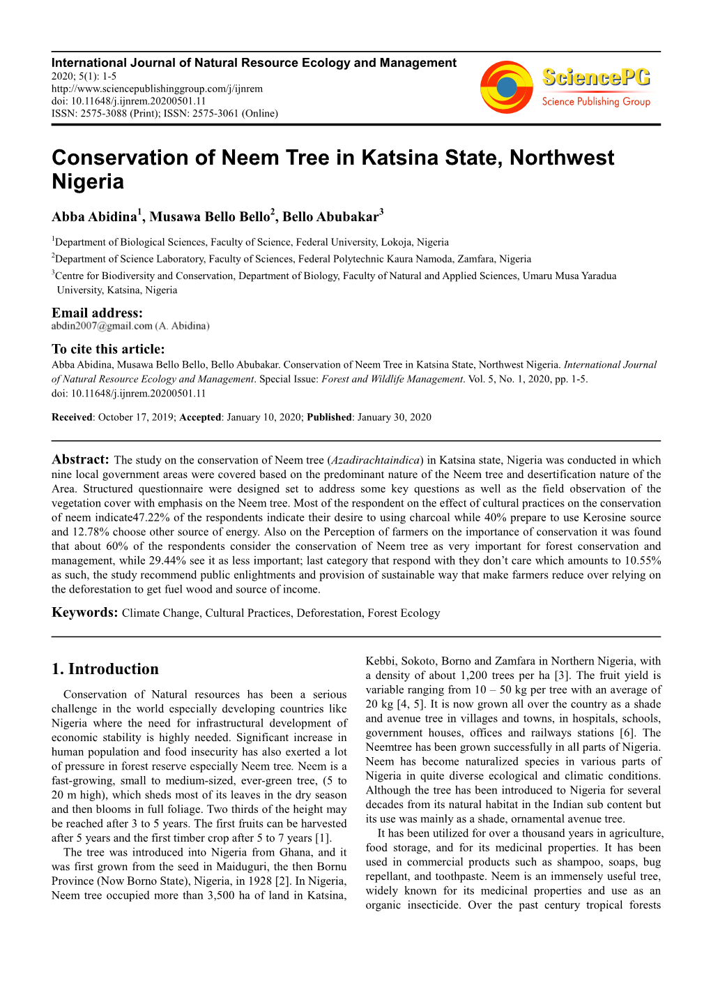 Conservation of Neem Tree in Katsina State, Northwest Nigeria