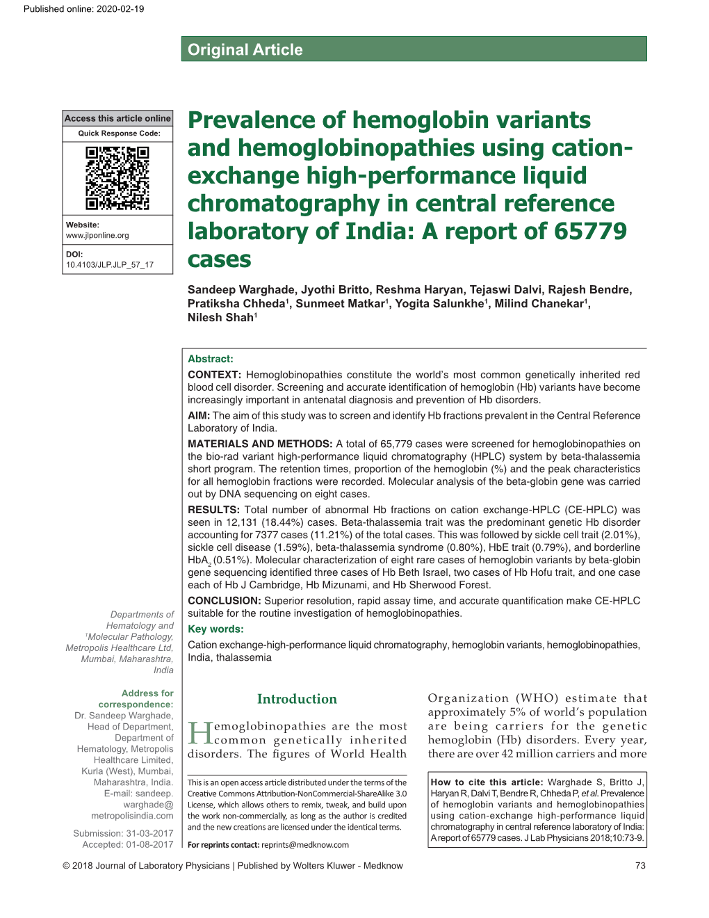 Prevalence of Hemoglobin Variants and Hemoglobinopathies Using Cation