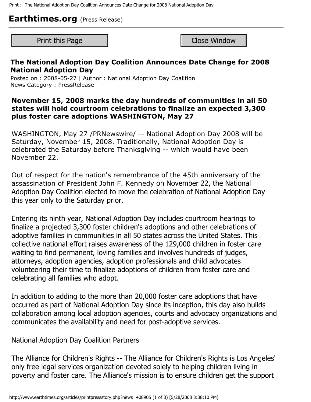 The National Adoption Day Coalition Announces Date Change for 2008 National Adoption Day