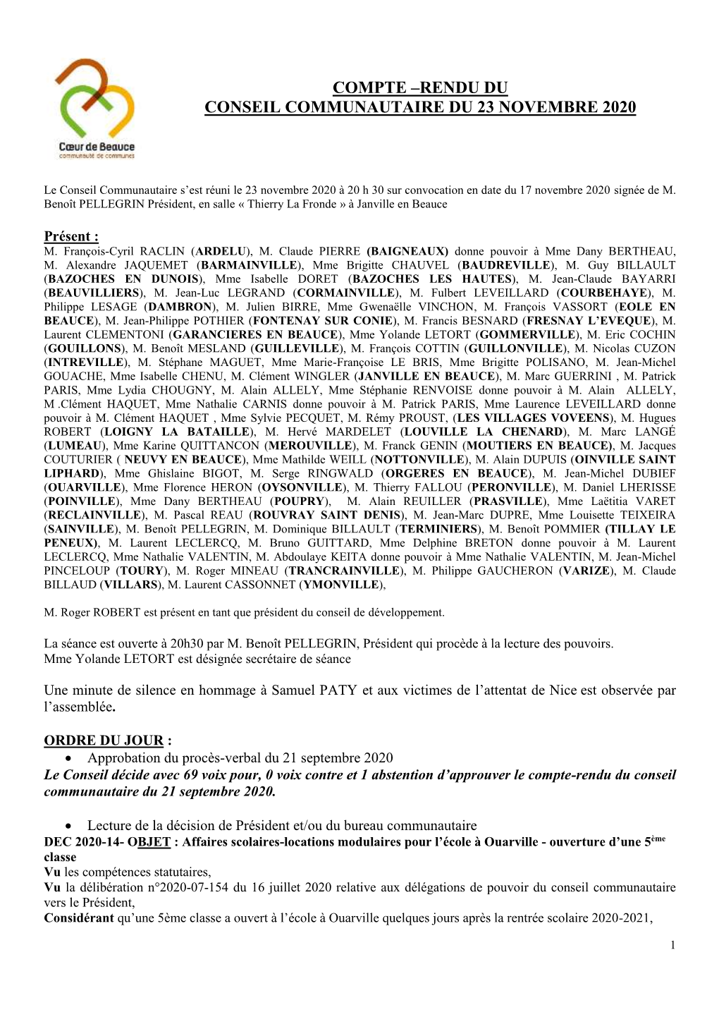 Compte –Rendu Du Conseil Communautaire Du 23 Novembre 2020