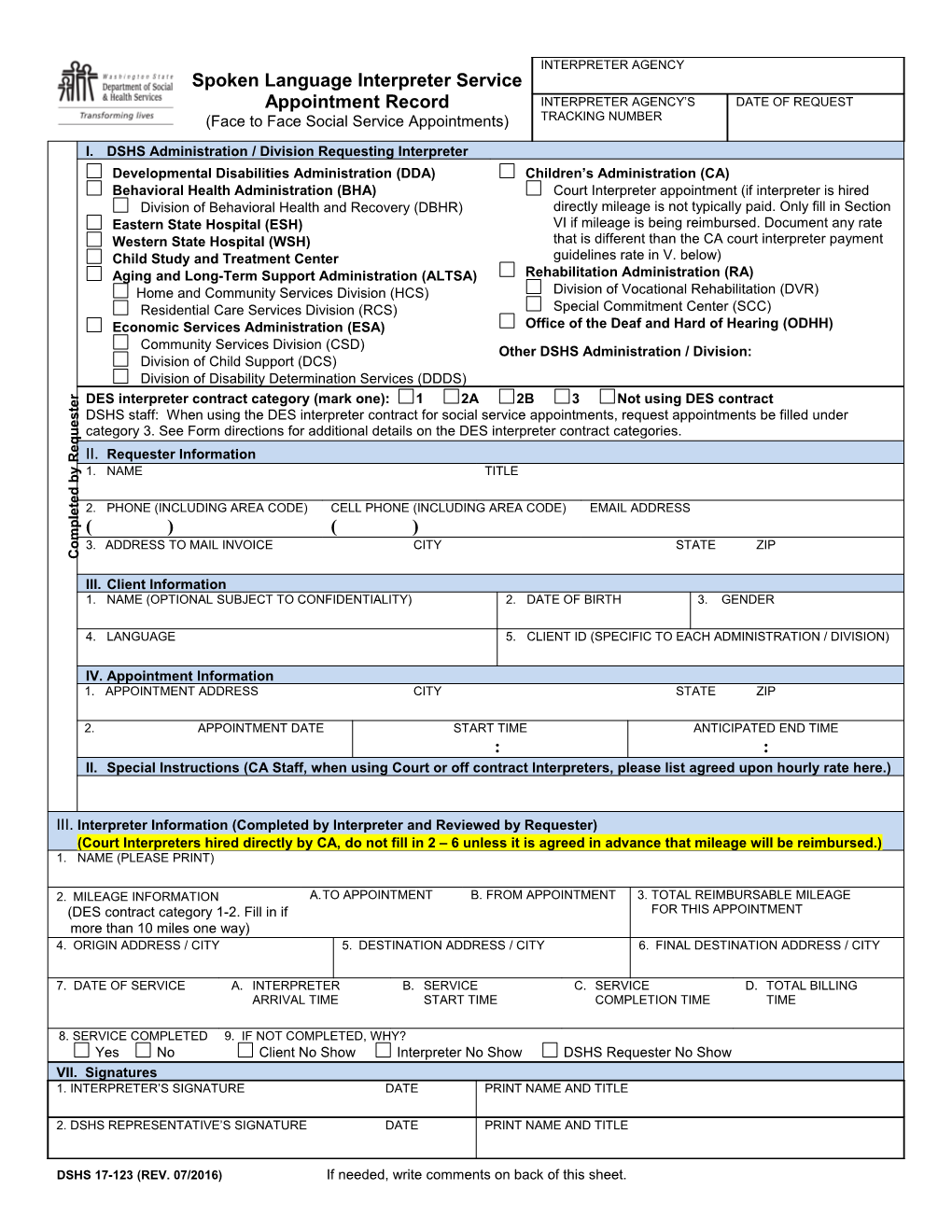 Spoken Language Interpreter Service Appointment Record