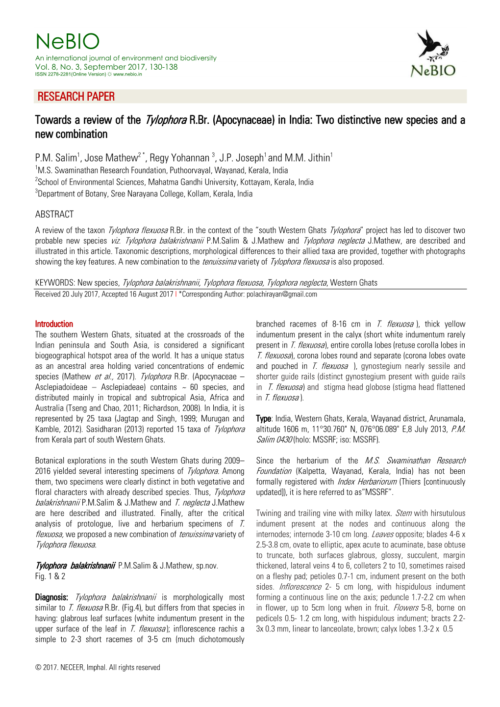 RESEARCH PAPER Towards a Review of the Tylophora R.Br