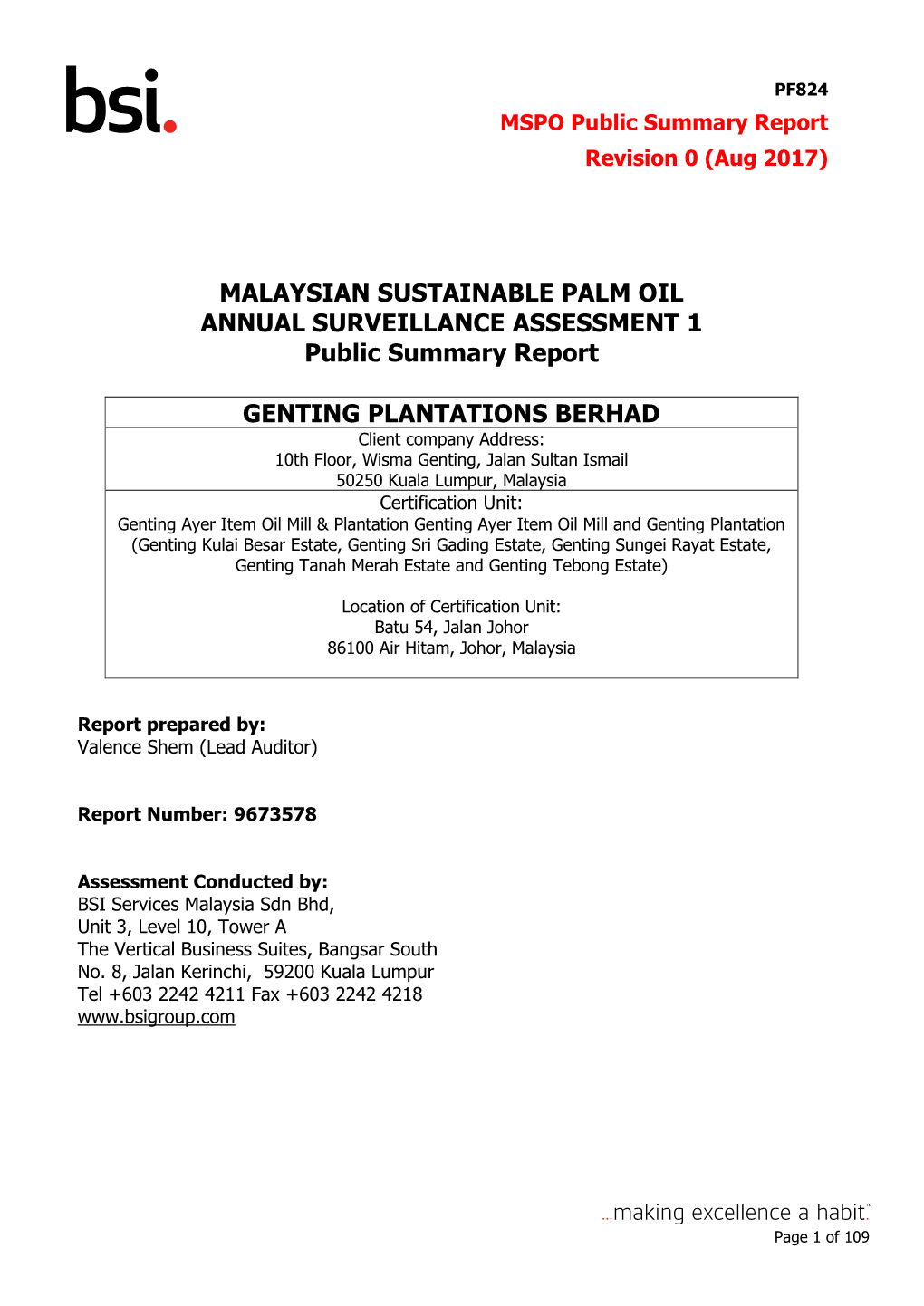 MALAYSIAN SUSTAINABLE PALM OIL ANNUAL SURVEILLANCE ASSESSMENT 1 Public Summary Report GENTING PLANTATIONS BERHAD
