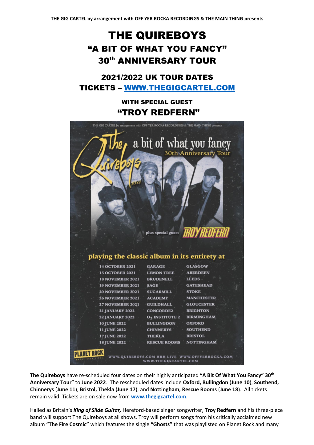 THE QUIREBOYS “A BIT of WHAT YOU FANCY” Th 30 ANNIVERSARY TOUR