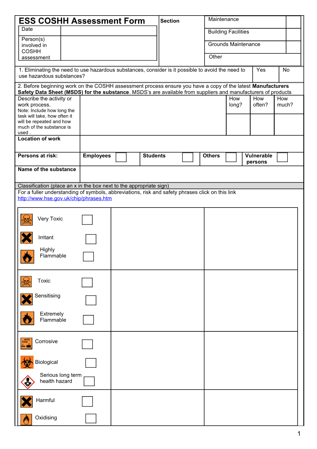 COSHH - Blank Risk Assessment Template