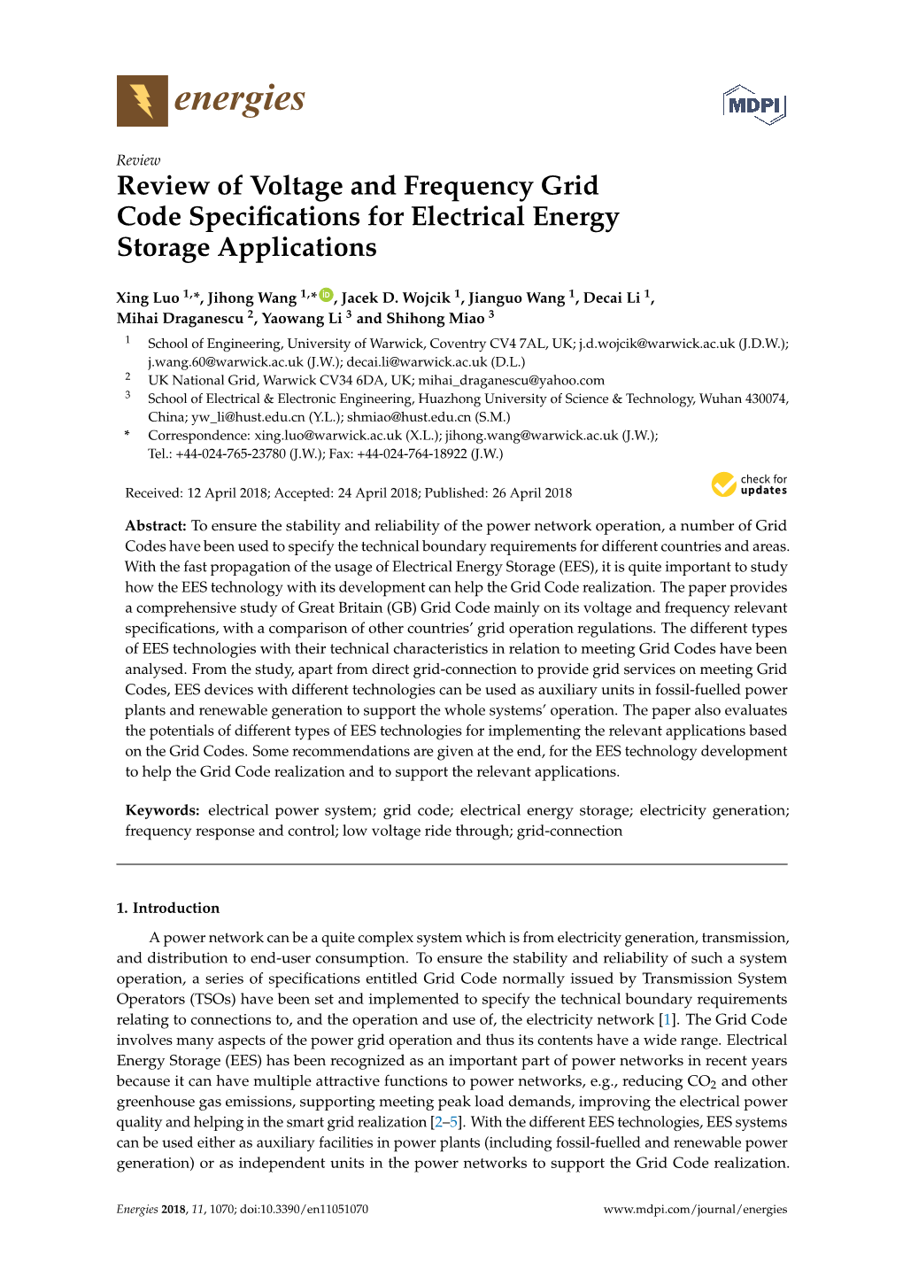 Review of Voltage and Frequency Grid Code Specifications For