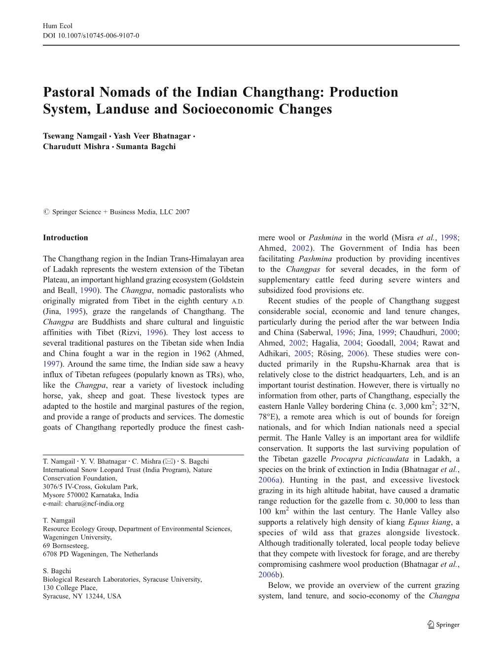 Pastoral Nomads of the Indian Changthang: Production System, Landuse and Socioeconomic Changes