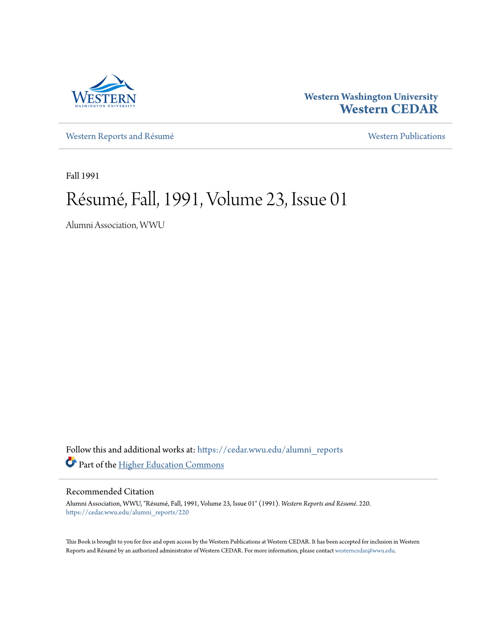 Résumé, Fall, 1991, Volume 23, Issue 01 Alumni Association, WWU