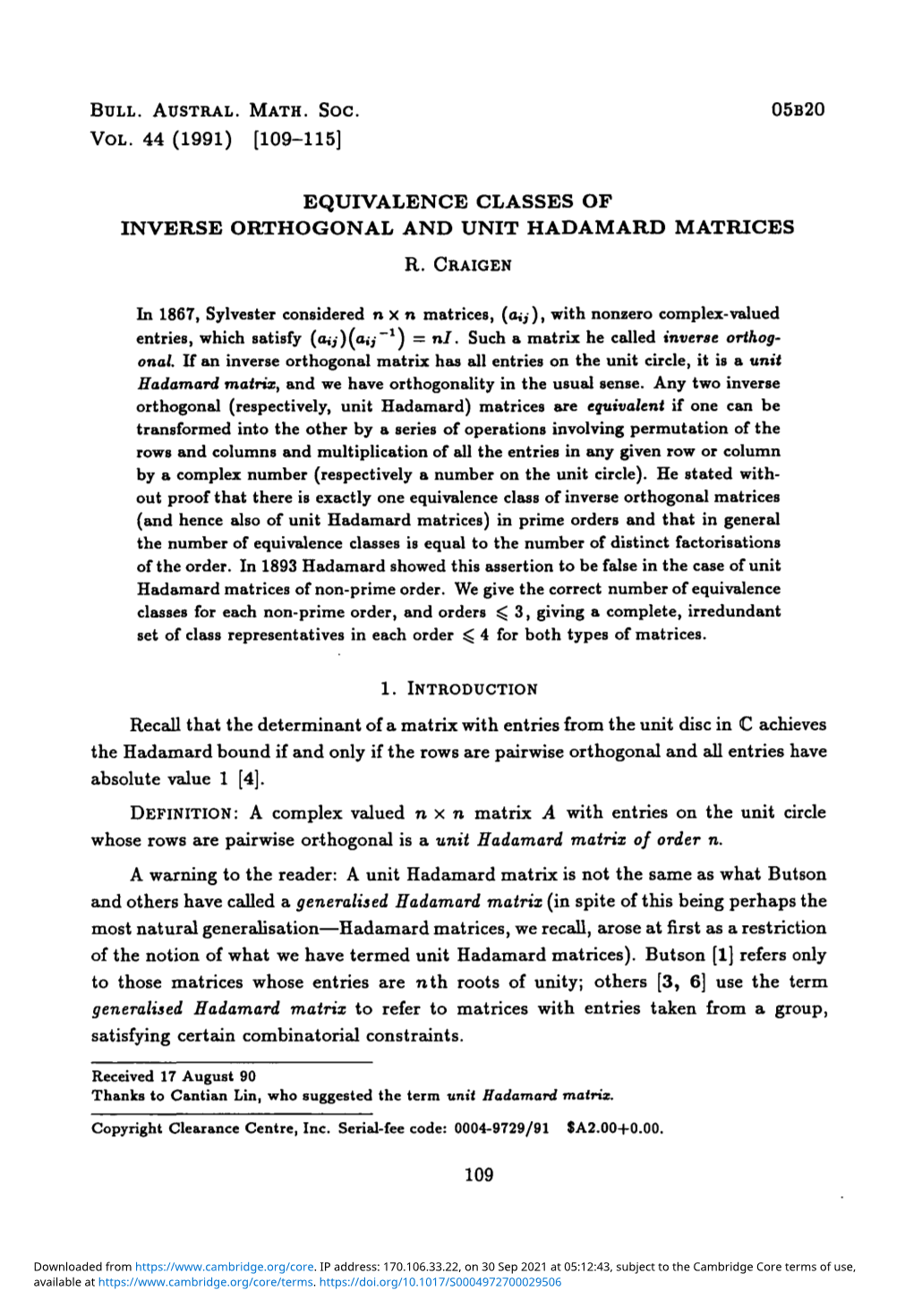 Equivalence Classes of Inverse Orthogonal and Unit Hadamard Matrices