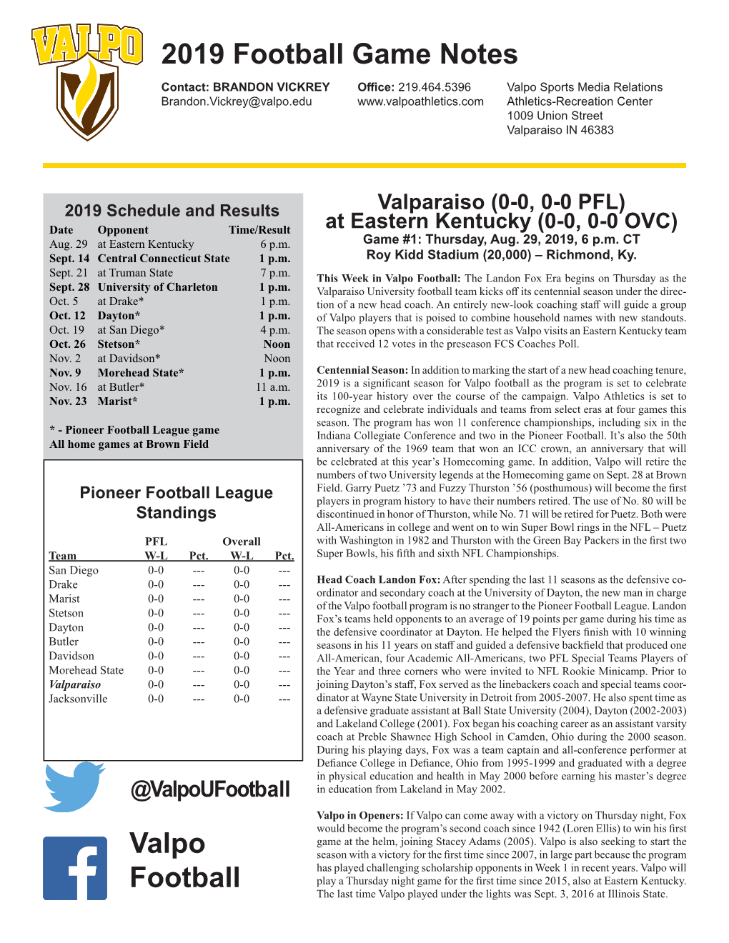 2019 Football Game Notes Valpo Football