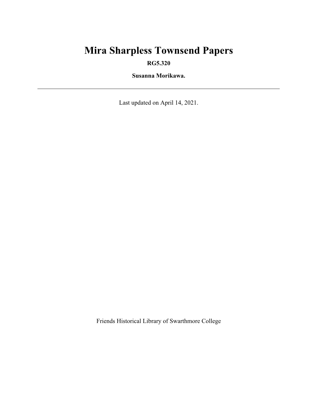 Mira Sharpless Townsend Papers RG5.320 Susanna Morikawa