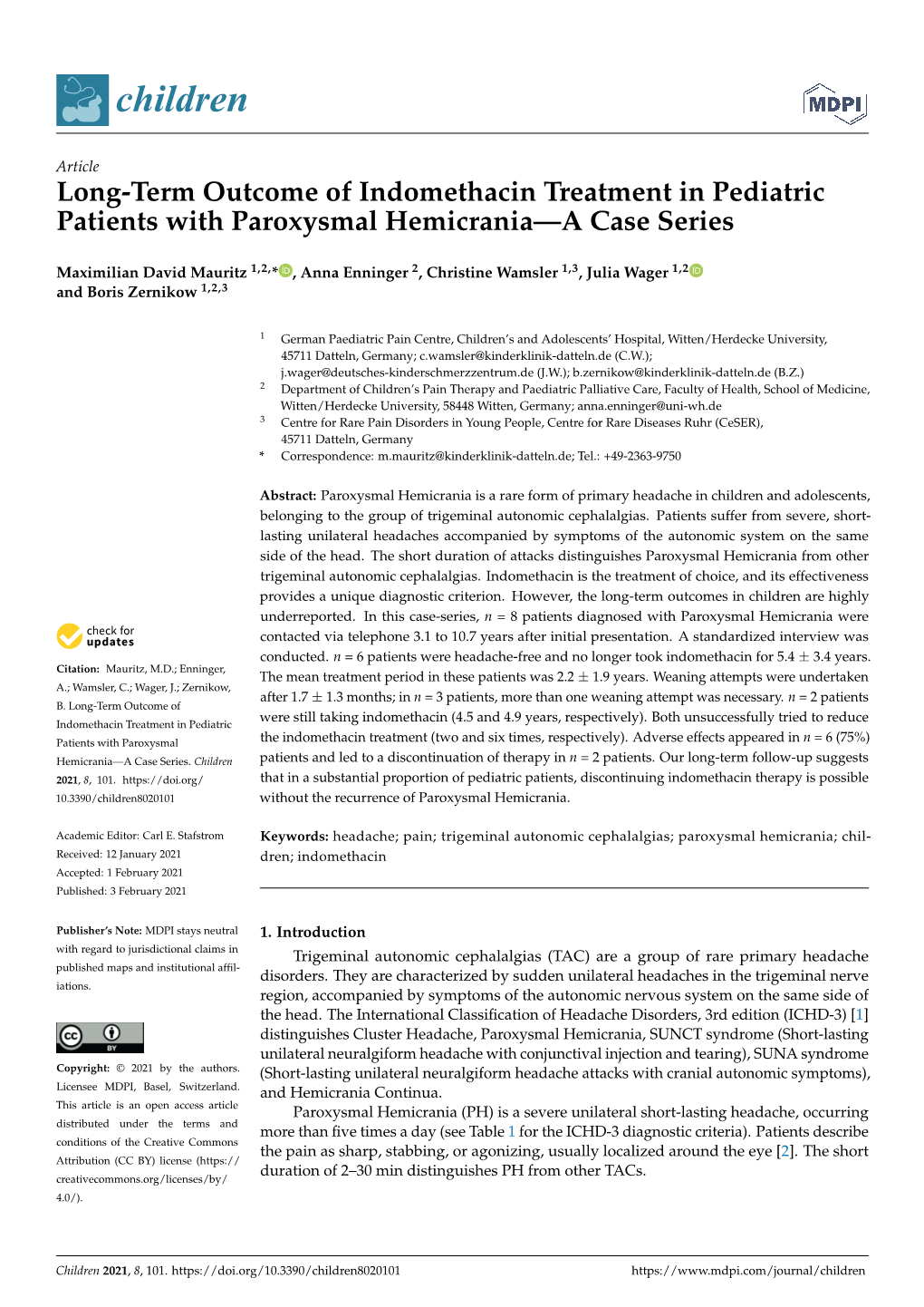 Long-Term Outcome of Indomethacin Treatment in Pediatric Patients with Paroxysmal Hemicrania—A Case Series