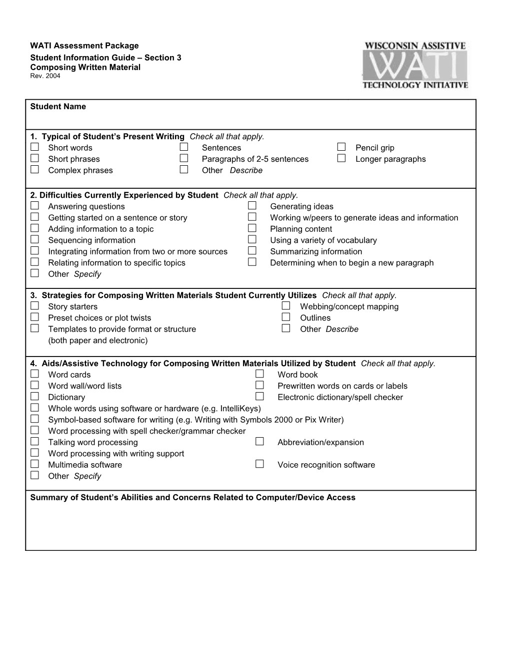 The WATI Assessment Package